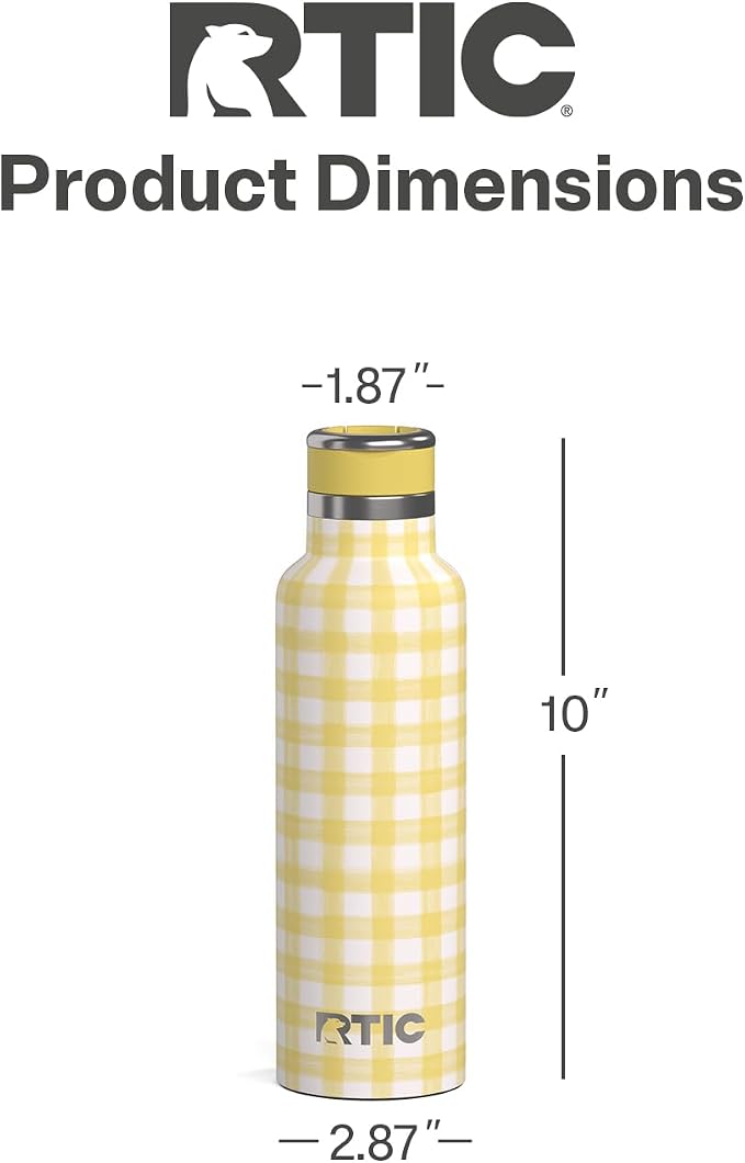 RTIC 20oz Journey Water Bottle Ceramic Lined Metal Stainless Steel Vacuum Insulated, BPA Free, Reusable, for Water, Hot and Cold Drinks, Travel, Sports, Camping, Sunlight Gingham