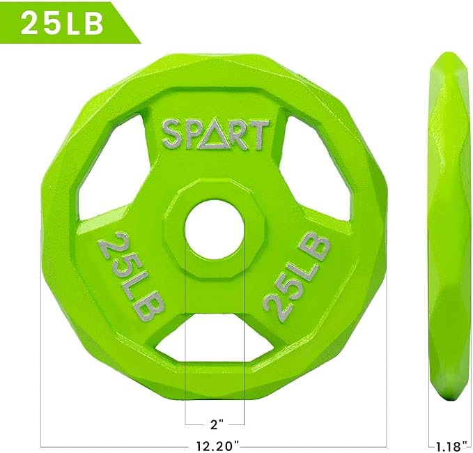 SPART Color Coded Weight Plate 2-Inch Cast Iron Tri-Grip Plate for Barbell,Solid Cast Iron Olympic Weight Plates for Strength Training, Weightlifting, Crossfit, 2.5/5/10/15/25/35/45LB, Single/Pair/Set