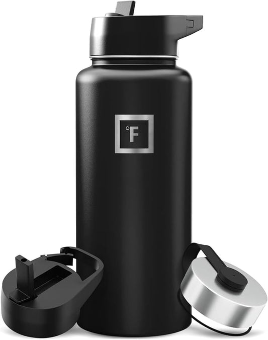 IRON °FLASK 32 oz Wide Mouth Water Bottle with 3 Lids | Insulated Stainless Steel Sports Water Bottle with 3 Leakproof Lids - BPA Free, Cold 24 Hrs, Sweat Free (Midnight Black)