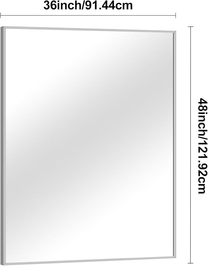 BONEWEI Silver Bathroom Mirror,36x48 inch Wall Mirror for Bathroom Wall Mounted,Large Rectangle Mirror for Bathroom Over Sink,Modern Metal Frame for Living Room,Bedroom Entryway,Horizontal/Vertical