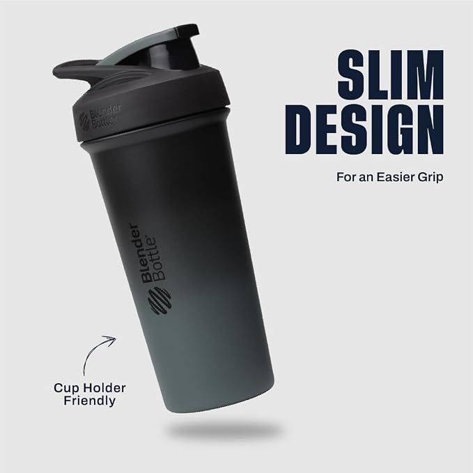 BlenderBottle Sport Sleek Shaker Cup Insulated Stainless Steel Water Bottle with Wire Whisk, 25-Ounce, Smokestack (Black/Grey)