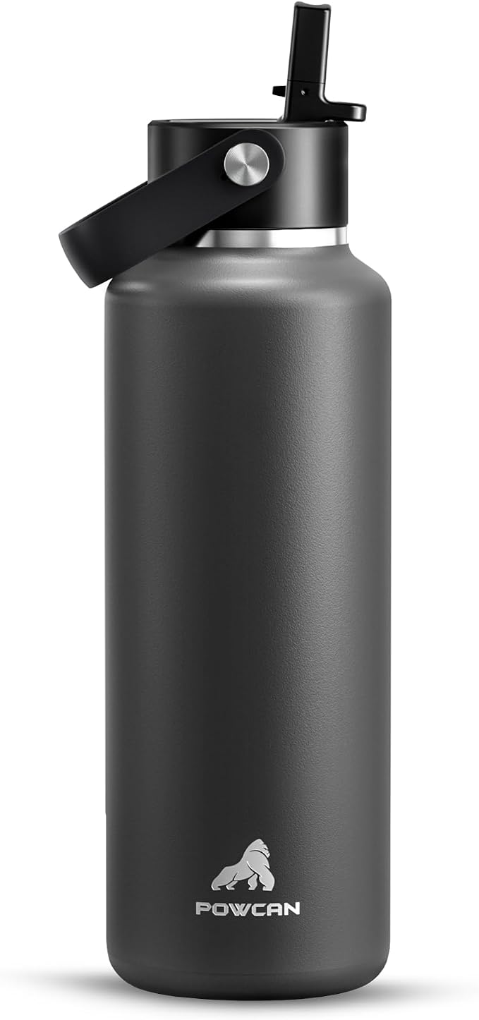 POWCAN 18 oz Kid Water Bottle with Straw: Leakproof, Lightweight, Top Handle, Flex Cap, Vacuum Insulated Water Bottle for Sport, Outdoors, Running, Camping, Home, Hiking, School, Workouts (Stone Gray)