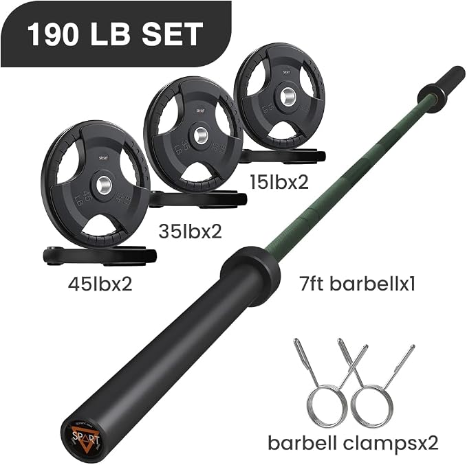 7FT Olympic Barbell Bar with Weight Plate Set Combo, Solid Olympic Bar with Bearings, 700Lbs Capacity Weight Bar for Home Gym Strength Training, Weightlifting, Powerlifting, Fit for 2" Olympic Plates