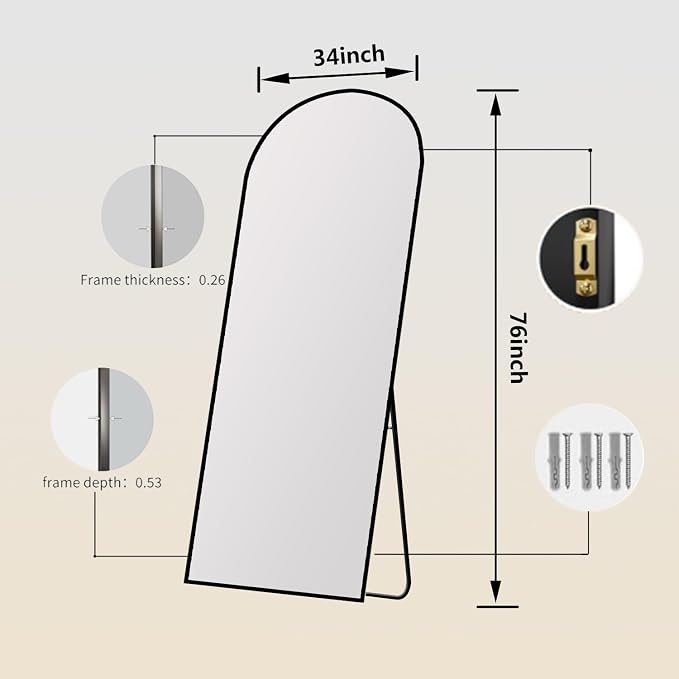 Arched Full Length Mirror 76"x34" Black | Aluminum Frame Shatterproof Glass, Freestanding Leaning Wall Mounted Mirror for Bedroom Living Room Entryway, Modern