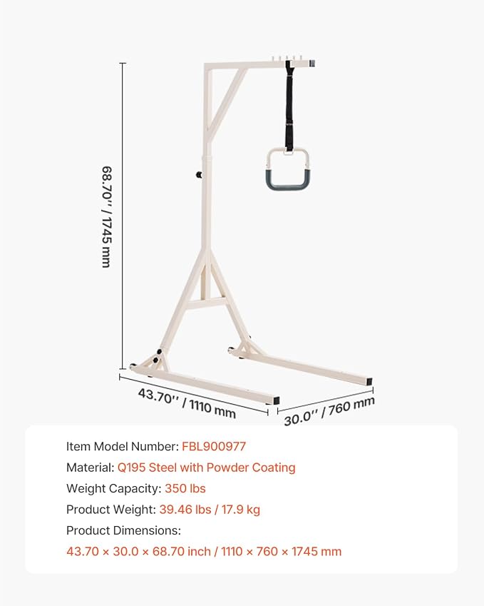 VEVOR Trapeze Bar for Bed Mobility, Height-Adjustable Bed Trapeze with 2 Casters, 350LBS Weight Capacity Heavy Duty Pull Up Trapeze Bar with Floor Stand for Elderly, Disabled, Bedridden Patients