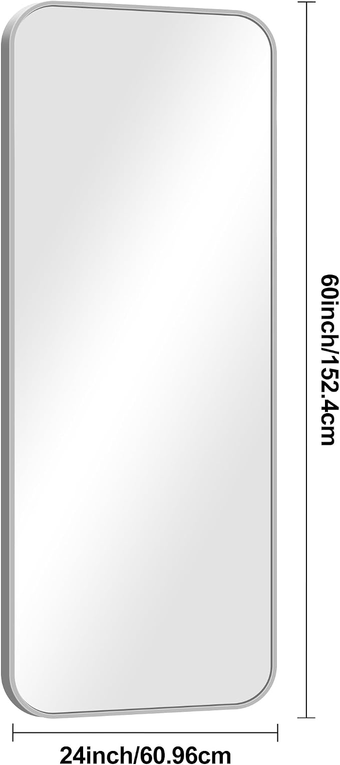 BONEWEI Silver Bathroom Mirror,24x60 inch Wall Mirror for Bathroom Wall Mounted,Rectangle Mirror for Bathroom Over Sink,Modern Frame Round Corner for Living Room,Bedroom Entryway,Horizontal/Vertical