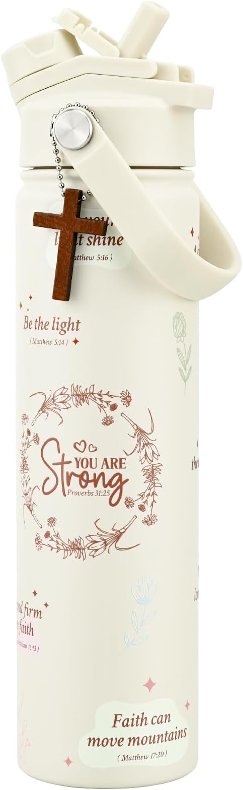 KEWIXY 24 oz Christian Water Bottle, 2-in-1 Lid, Straw & Spout, Insulated, Leak Proof, Keep Cold, Stainless Steel, Metal, Reusable, Birthday Gifts for Christian Women, Cupholder Friendly, Christian