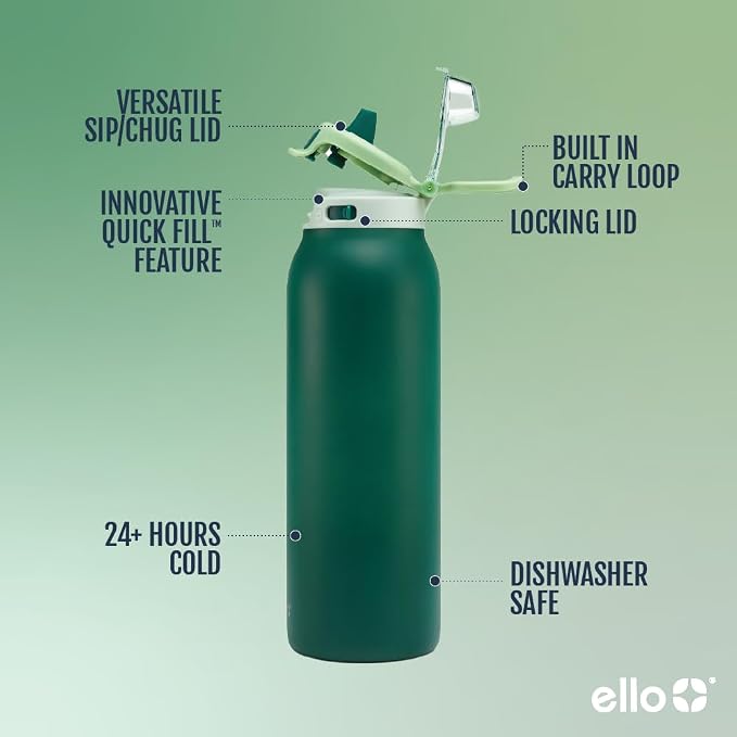 Ello Pop & Fill Insulated Stainless Steel Water Bottle with Quick Fill Lid, Leakproof Locking, Sip or Chug Spout, BPA-Free, Double Wall Vacuum Insulated for Sports, Travel & School- 22oz / 32oz / 40oz