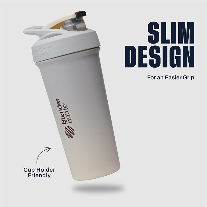 BlenderBottle Sport Sleek Shaker Cup Insulated Stainless Steel Water Bottle with Wire Whisk, 25-Ounce, Fog (Grey/Yellow)