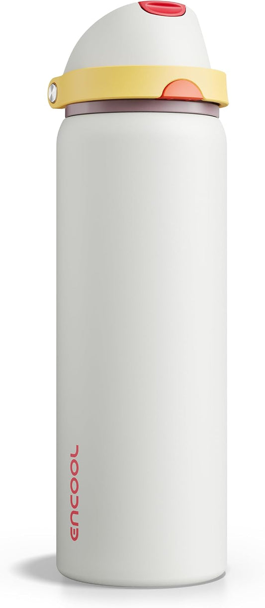 Insulated Water Bottle with Straw - Encool Stainless Steel Water Bottle with Push Button Lid, Leak-Proof & BPA-Free, Keeps Cold for 24 Hours for Sports, Travel, Gym (32 oz, Quill Grey-Red)