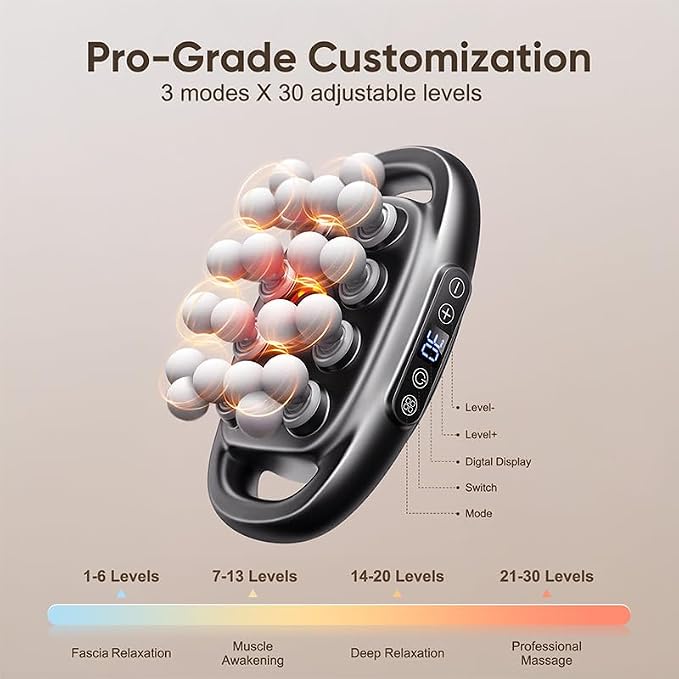 20 Head Massage Gun Deep Tissue - 2026 Upgrade Back Muscle Massager | 3 Modes & 30 Intensities, Portable Quiet Percussion Massager for Legs, Waist, Back, Neck, Buttocks Muscles Pain Relief