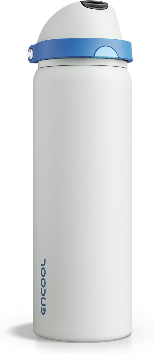 Insulated Water Bottle with Straw - Encool Stainless Steel Water Bottle with Push Button Lid, Leak-Proof & BPA-Free, Keeps Cold for 24 Hours for Sports, Travel, Gym (32 oz, Quill Grey-Blue)