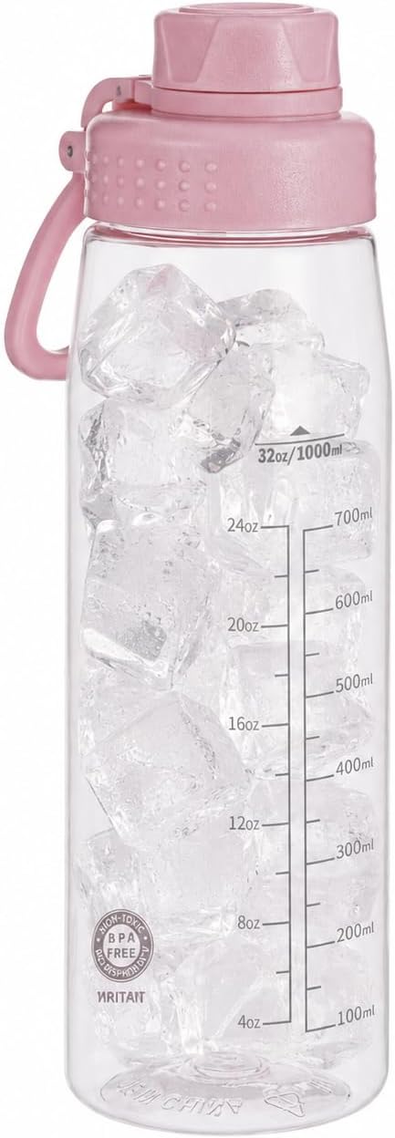 32oz Clear Water Bottle - BPA-Free Tritan Plastic, Fast Flow Spout Lid, Wide Mouth & Leakproof Design Hiking Water Bottle Suitable for Travel, Outdoors, Gym, Travel, Home, School（Pink）