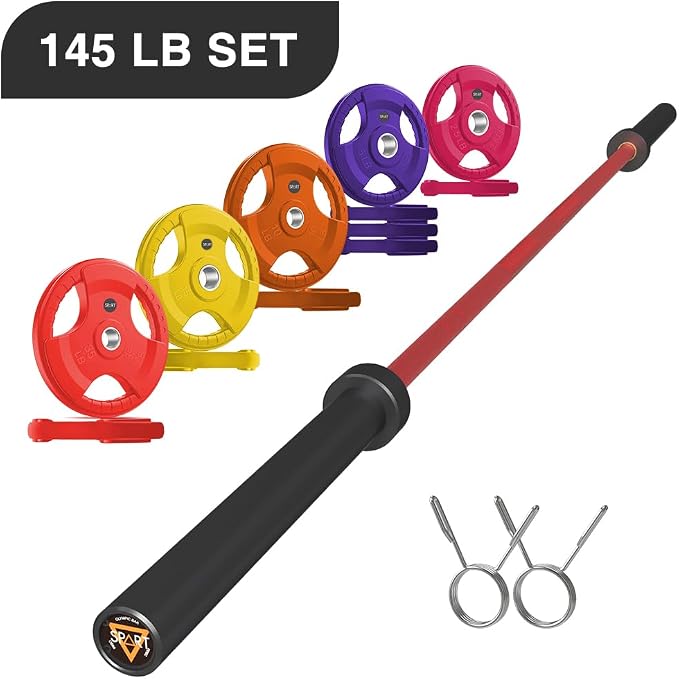 7FT Olympic Barbell Bar with Weight Plate Set Combo, Solid Olympic Bar with Bearings, 700Lbs Capacity Weight Bar for Home Gym Strength Training, Weightlifting, Powerlifting, Fit for 2" Olympic Plates