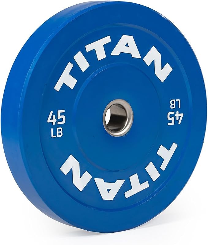 Titan Fitness Economy Olympic Bumper Plates, Color-Coded by IWF Standards, Low Bounce Rubber with Steel Insert, Weightlifting and Strength Training, Barbell Weight Set