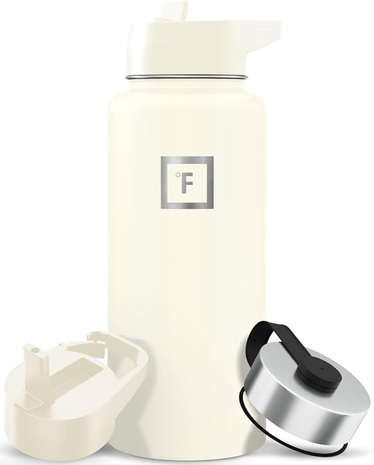 IRON °FLASK 32 oz Wide Mouth Water Bottle with 3 Lids | Insulated Stainless Steel Sports Water Bottle with 3 Leakproof Lids - BPA Free, Cold 24 Hrs, Sweat Free (Cashmere Cream)