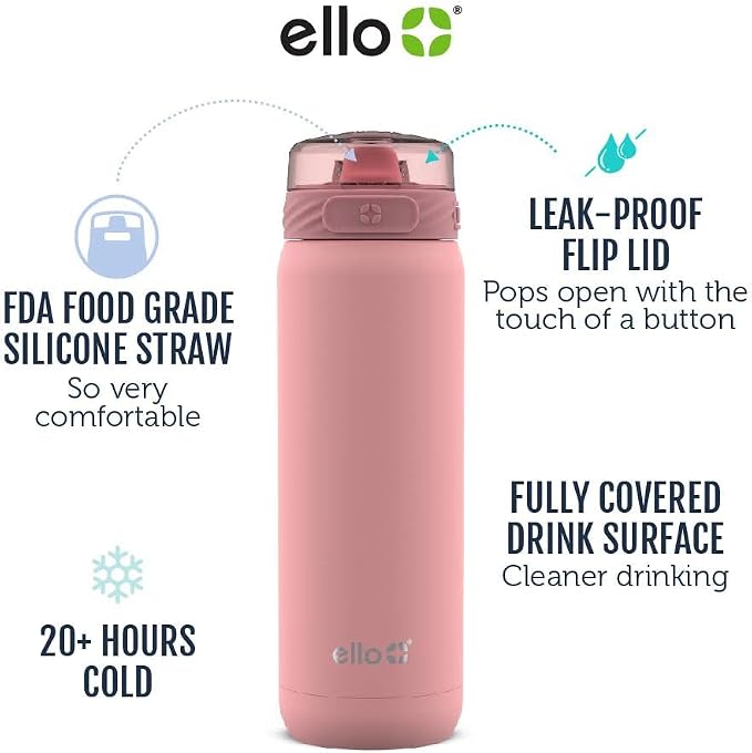 Ello Cooper 22oz Stainless Steel Water Bottle with Straw and Carry Handle, Double Walled and Vacuum Insulated Metal, Leak Proof Locking Lid with Soft Silicone Spout, Reusable, BPA Free, Coral