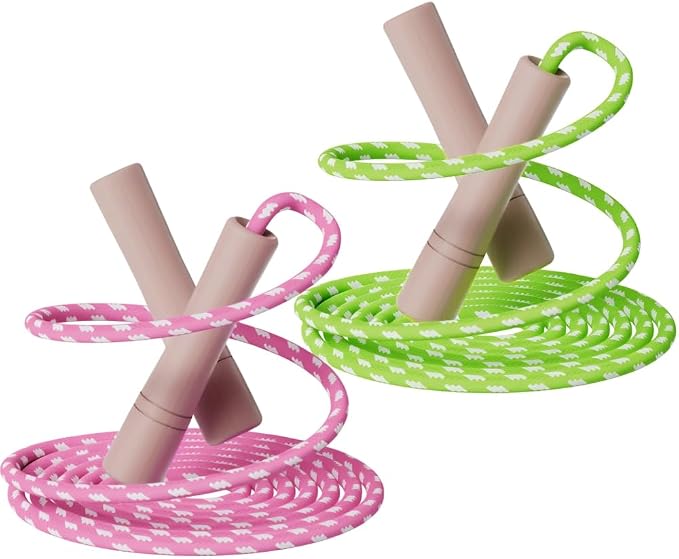 Jump Rope for Kids - Wooden Handle - Adjustable Cotton Braided Fitness Skipping Rope for Toddler Fitness Workout Exercise Outdoor Activity