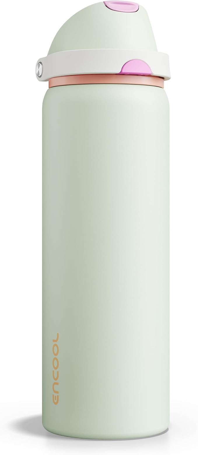 Insulated Water Bottle with Straw - Encool Stainless Steel Water Bottle with Push Button Lid, Leak-Proof & BPA-Free, Keeps Cold for 24 Hours for Sports, Travel, Gym (32 oz, Geyser Green)