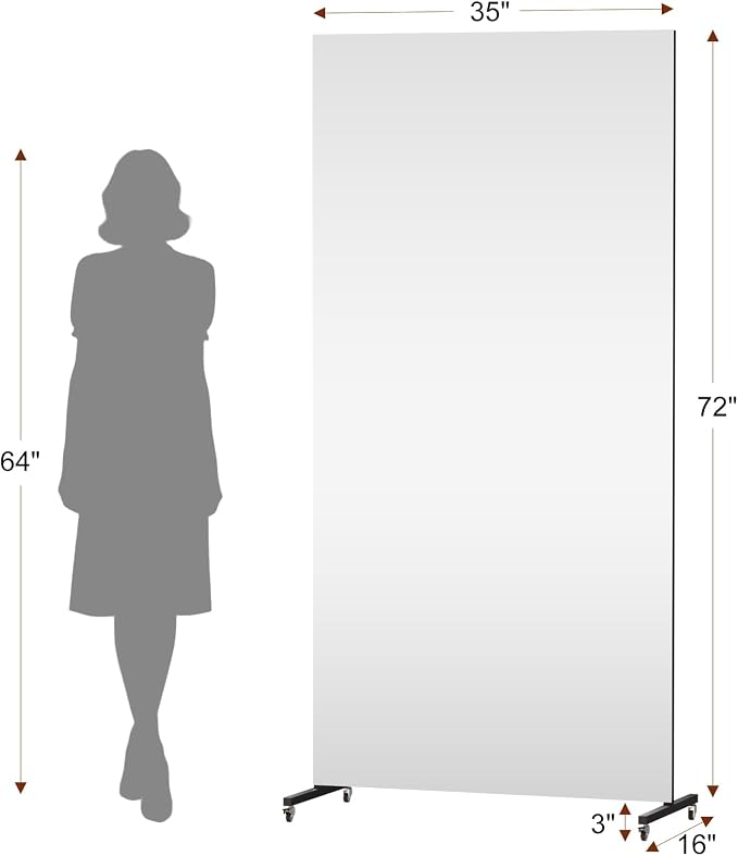 75"X32" Rolling Full Length Mirror & Magnetic Whiteboard, 2-in-1 Reversible Standing Mirror with Shatterproof Tempered Glass, Space-Saving Dry Erase Board on Wheels for Home Office & Bedroom