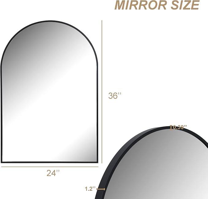 Arched Bathroom Mirror for Wall, 36" x 24" Metal Frame Vanity Mirror, Black | Aluminium Alloy Frame, HD Shatterproof Glass, for Bathroom Over Sink , Entryway, Bedroom, Living Room