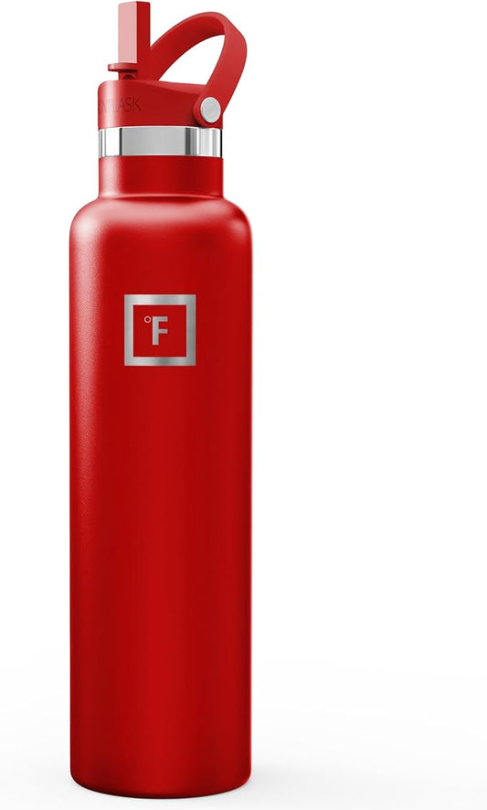 IRON °FLASK 24 oz Narrow Mouth Water Bottle with Straw | Insulated Stainless Steel Sports Water Bottle with Leakproof Straw Lid - BPA Free, Cold 24 Hrs, Sweat Free (Fire Red)