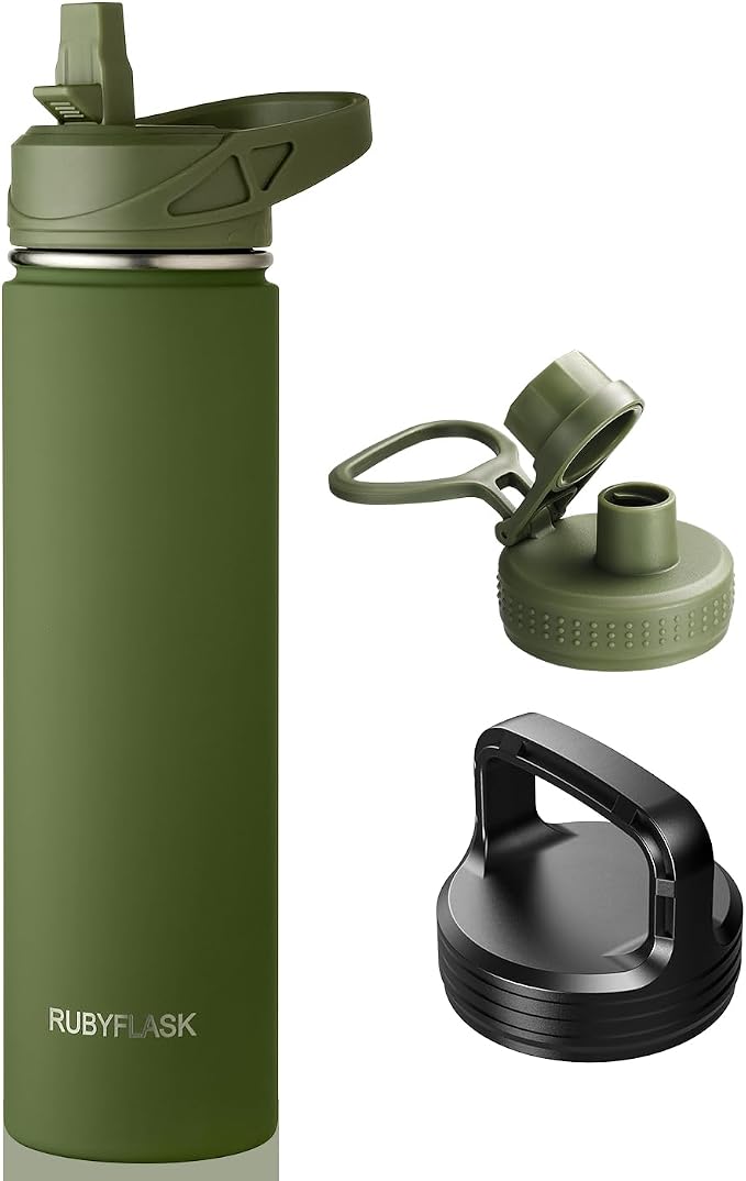 RUBYFLASK 24 oz Insulated Stainless Steel Water Bottle with Straw | 3 Lids, Wide Mouth, Metal Vacuum Leakproof Water Jug Flask and Handle, Large Thermal Cup, Armygreen