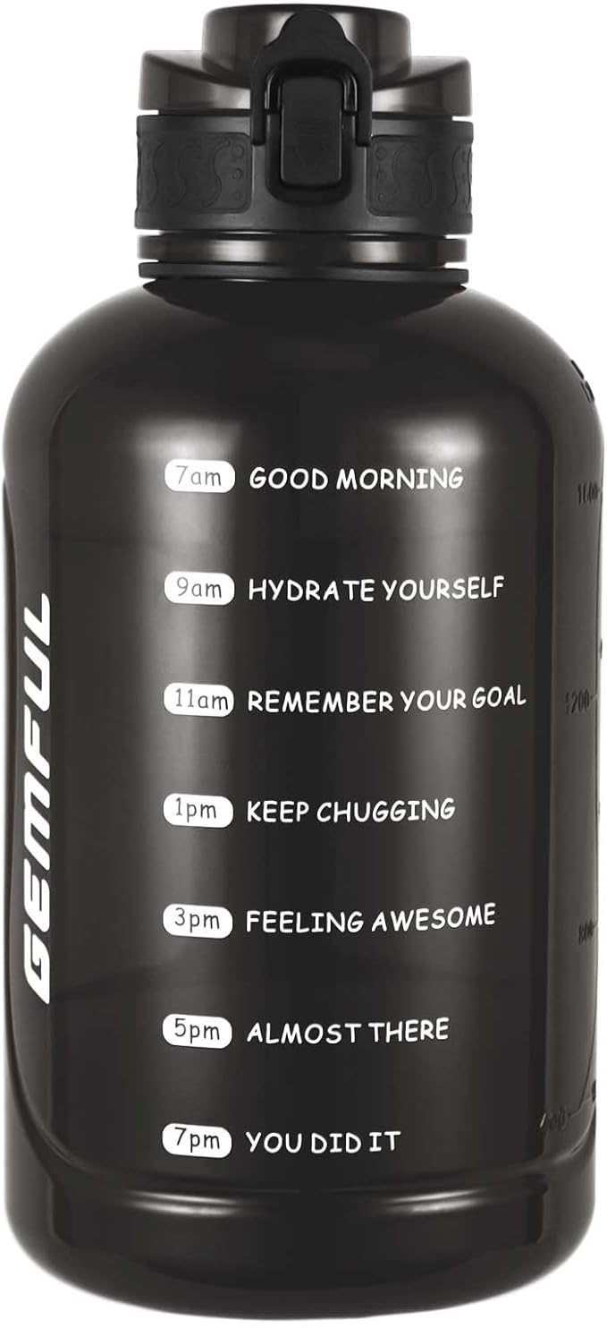 GEMFUL 2 Liter Water Bottle with Time Marker & Handle for Workout (Black) | BPA-Free, Leak-proof, 64oz Capacity, Tracks Daily Intake,Strawless, Chug Lid, for Gym, Fitness, Hiking, Sport, Camping