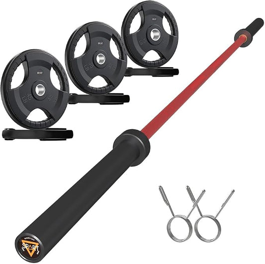 7FT Olympic Barbell Bar with Weight Plate Set Combo, Solid Olympic Bar with Bearings, 700Lbs Capacity Weight Bar for Home Gym Strength Training, Weightlifting, Powerlifting, Fit for 2" Olympic Plates