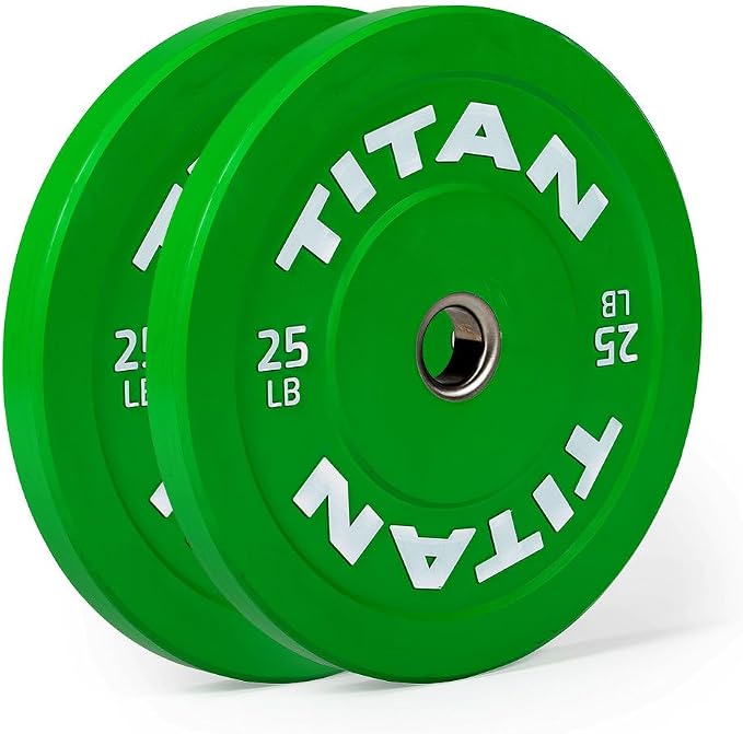 Titan Fitness Economy Olympic Bumper Plates, Color-Coded by IWF Standards, Low Bounce Rubber with Steel Insert, Weightlifting and Strength Training, Barbell Weight Set