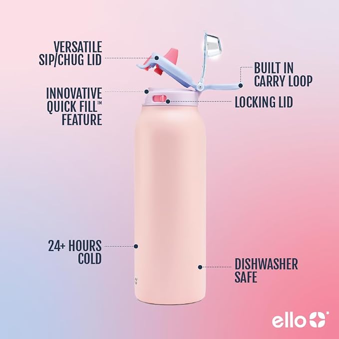 Ello Pop & Fill Insulated Stainless Steel Water Bottle with Quick Fill Lid, Leakproof Locking, Sip or Chug Spout, BPA-Free, Double Wall Vacuum Insulated for Sports, Travel & School- 22oz / 32oz / 40oz