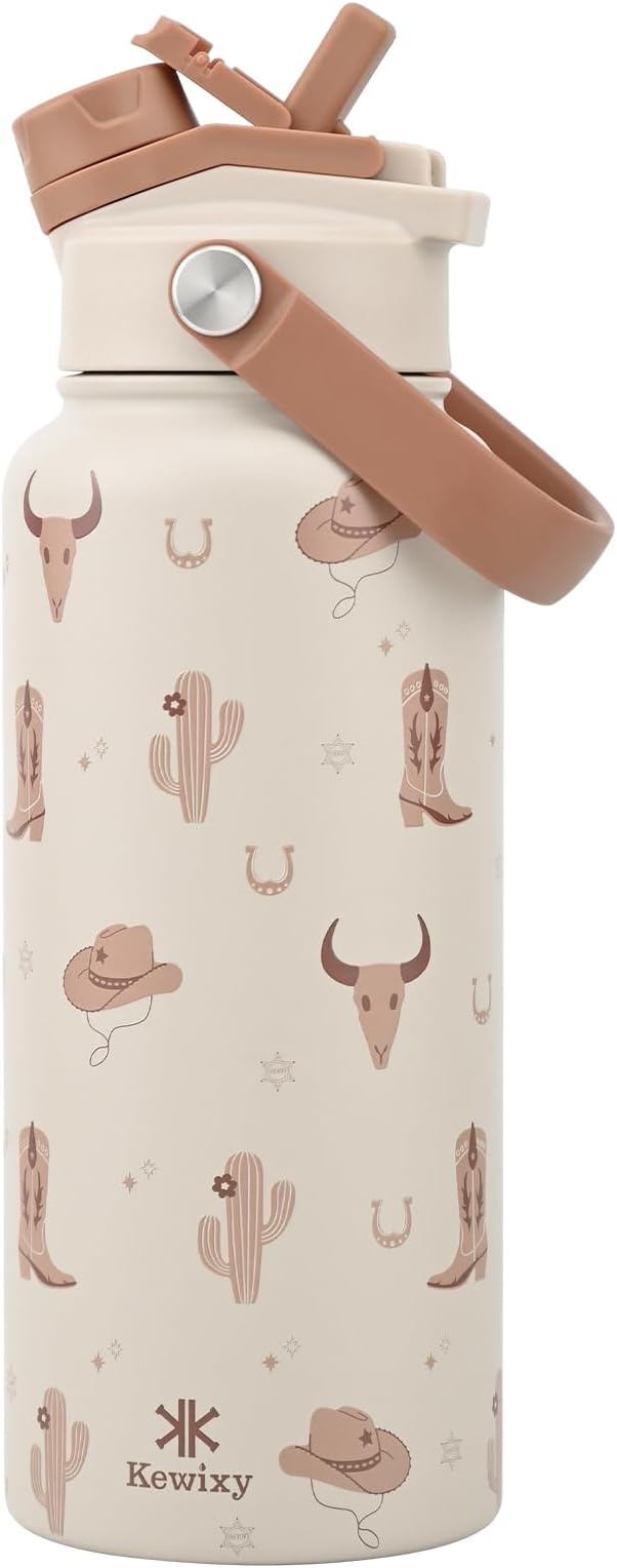 KEWIXY 32 oz Cowgirl Water Bottle, 2-in-1 Lid, Straw & Spout with Protected, Leak Proof, Keep Cold, Stainless Steel, Metal, Reusable, Handle, for Travel, Gym and School, Cowgirl