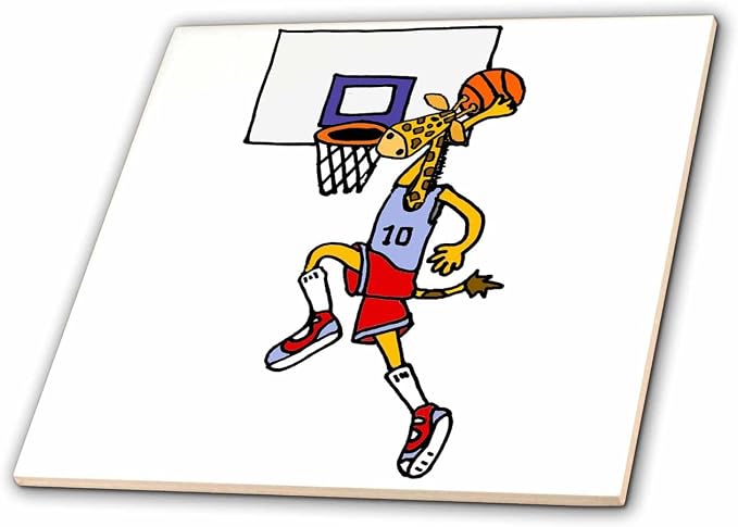 3dRose Cute Funny Giraffe Playing Basketball and Slam Dunking Ball 4 Inch Ceramic Tile