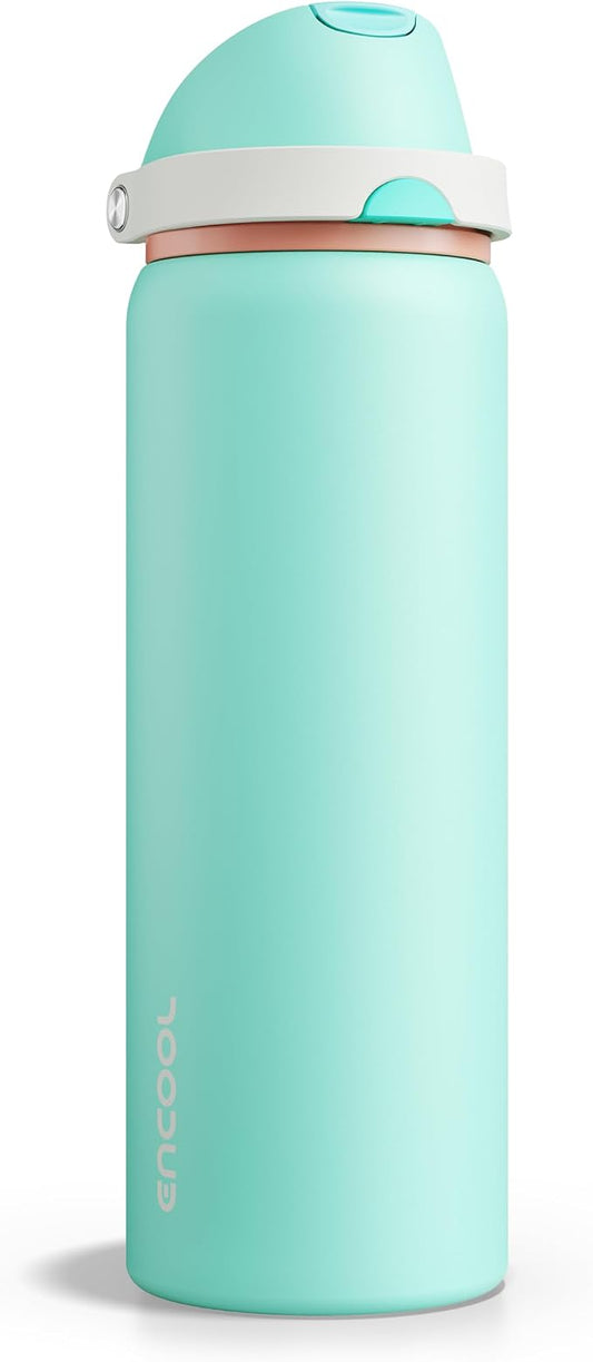 Insulated Water Bottle with Straw - Encool Stainless Steel Water Bottle with Push Button Lid, Leak-Proof & BPA-Free, Keeps Cold for 24 Hours for Sports, Travel, Gym (32 oz, Turquoise)