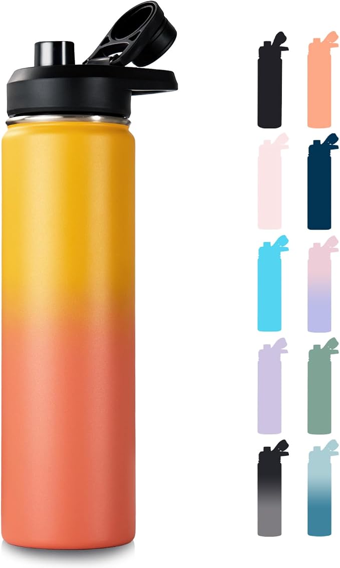 Fijinhom Insulated Water Bottle with Handle, 304 Stainless Steel Water Bottles with Wide Mouth, Double Wall Vacuum Sports Water Bottle, BPA Free, Keep Cold and Hot, 24 Ounces, Yellow&Orange