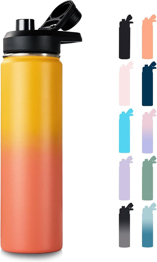 Fijinhom Insulated Water Bottle with Handle, 304 Stainless Steel Water Bottles with Wide Mouth, Double Wall Vacuum Sports Water Bottle, BPA Free, Keep Cold and Hot, 24 Ounces, Yellow&Orange
