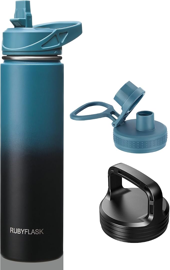 RUBYFLASK 24 oz Insulated Stainless Steel Water Bottle with Straw | 3 Lids, Wide Mouth, Metal Vacuum Leakproof Water Jug Flask and Handle, Large Thermal Cup, Indigoblack