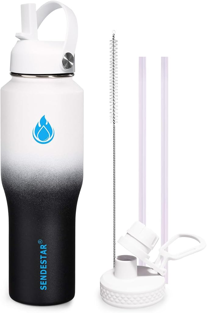 SENDESTAR 32oz Water Bottle Wide Mouth Stainless Steel Vacuum Insulated Double Wall with 2 Straw Lids Fit in Any Car Cup Holder