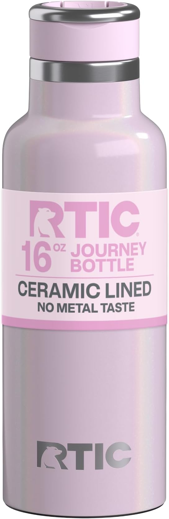 RTIC 16oz Journey Water Bottle Ceramic Lined Metal Stainless Steel Vacuum Insulated, BPA Free, Reusable, for Water, Hot and Cold Drinks, Travel, Sports, Camping, Pale Pink Glitter