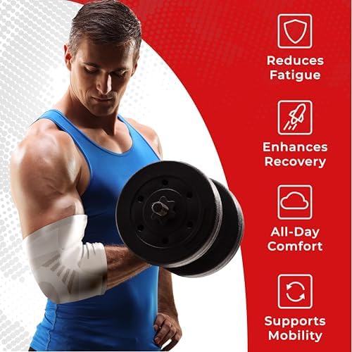 Elbow Compression Sleeves (1 Pair) - Elbow Brace for Tendonitis, Tennis & Golfers Elbow - Weightlifting Support for Men & Women - Pain Relief & Joint Recovery (2, Frost White, Medium)