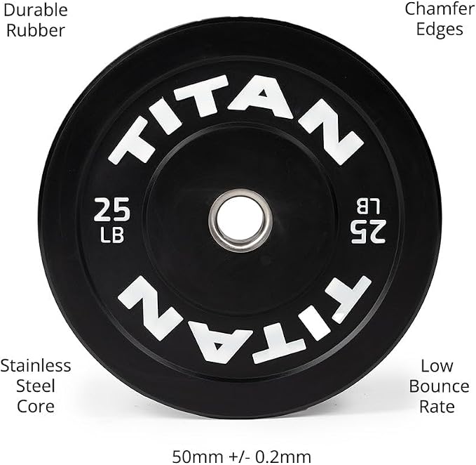Titan Fitness Economy Series Black Olympic Bumper Plates, Durable Rubber Exterior with Steel Core, Weightlifting and Strength Training Weight Plate