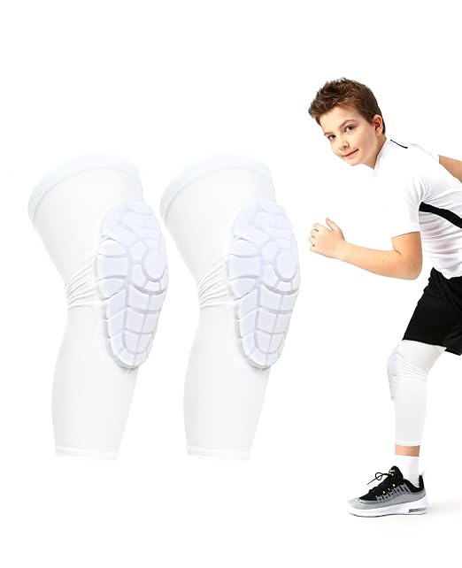 AceList Kids Knee Pads for Youth Ages 4-15, Honeycomb Padded Knee Sleeves for Basketball Baseball Football Volleyball Wrestling Cycling, Anti-Slip Stay-Up Protective Gear, 1 Pair (Size M White)