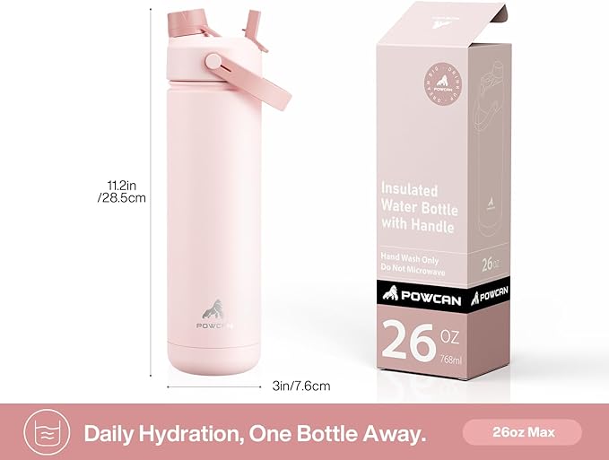 POWCAN 26 oz Insulated Water Bottle with 2-in-1 Straw and Spout Lid, Keep Cold 24H, Leak-Proof, Fits in Car Cup Holder, Stainless Steel Water Bottle for Gift, Home, Trip, Daily Outings (Furry Friends)
