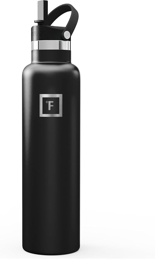 IRON °FLASK 24 oz Narrow Mouth Water Bottle with Straw | Insulated Stainless Steel Sports Water Bottle with Leakproof Straw Lid - BPA Free, Cold 24 Hrs, Sweat Free (Midnight Black)