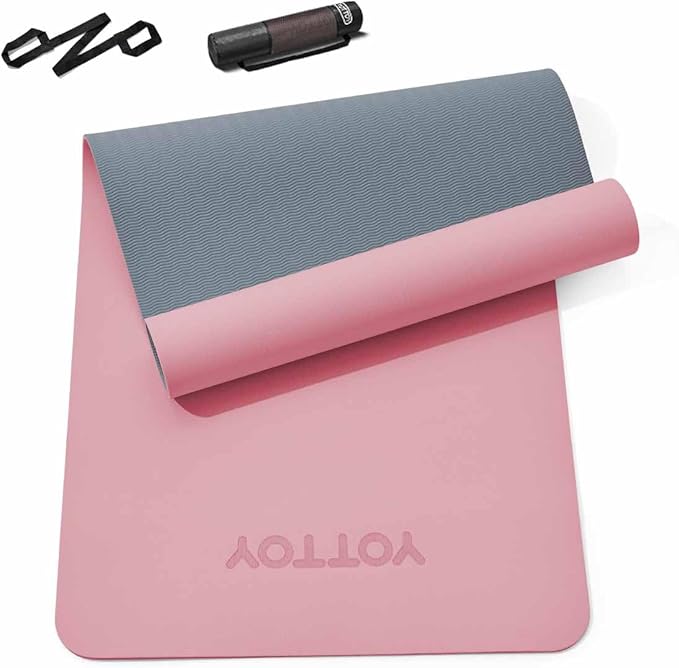 Yoga Mat,Non-Slip TPE Exercise Mat(1/4 Inch) for Pilates, Fitness & Barefoot Workouts, Home Gym Studio with Strap & Bag
