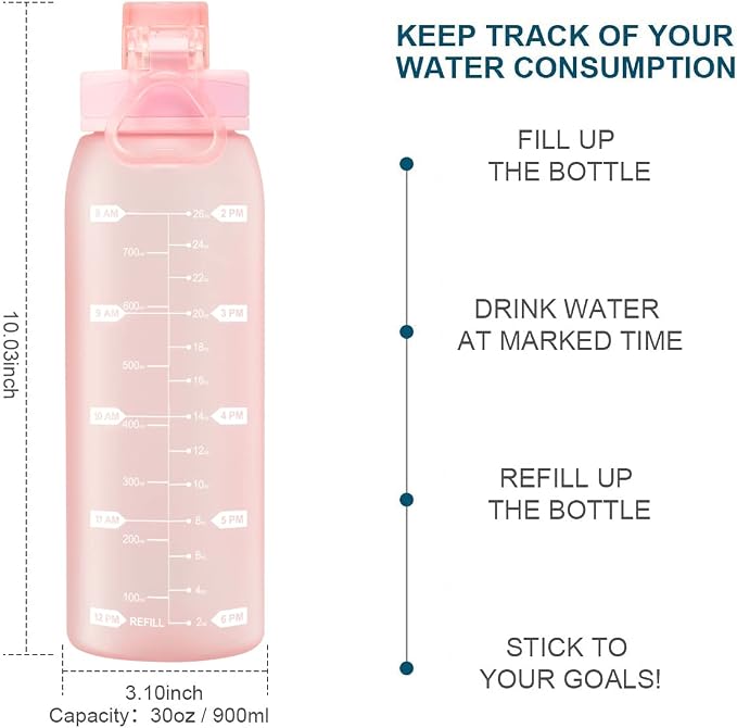 30oz Water Bottle with Time Markers and Filter, BPA Free Large Durable Portable Plastic Bottle for school (Pack of 1)