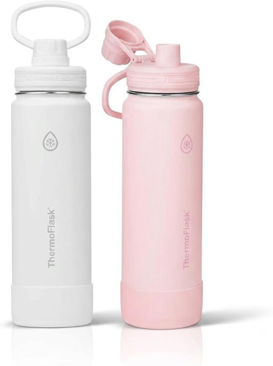 ThermoFlask Insulated Water Bottles, Spout Lid, 2-Pk, 24 oz, White/Blush