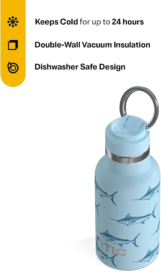 RTIC Little Journey Water Bottle with Straw, Ceramic-Lined, Insulated, Stainless Steel, Metal, Double Wall Vacuum-Insulation, Leak-Proof Lid, BPA-Free Water Flask for Sports, Travel, Blue Marlin