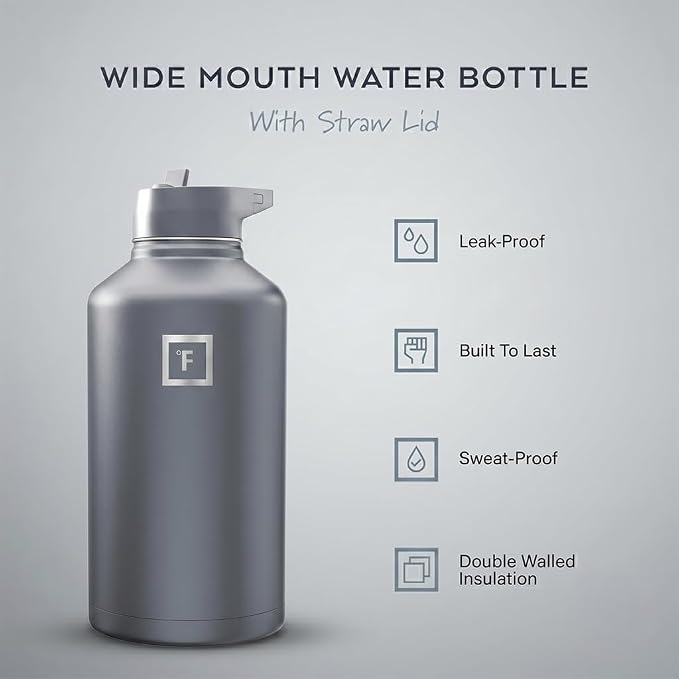 IRON °FLASK 64 oz Wide Mouth Water Bottle with Straw | Insulated Half Gallon Water Bottle with Leakproof Straw Lid - BPA Free, Cold 24 Hrs, Sweat Free (Graphite)