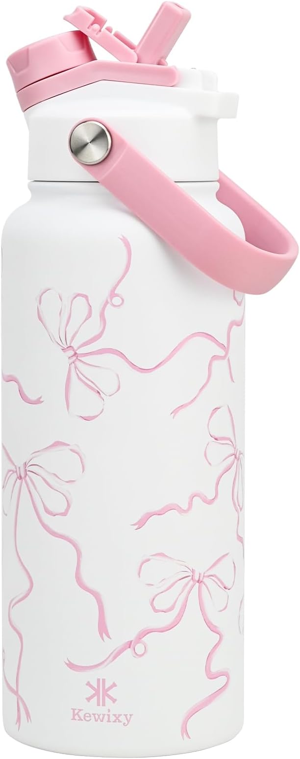 KEWIXY 32 oz Pink Water Bottle, 2-in-1 Lid, Straw & Spout with Protected, Leak Proof, Keep Cold, Stainless Steel, Metal, Reusable, Handle, for Travel, Gym and School, Breeze Pink Bow